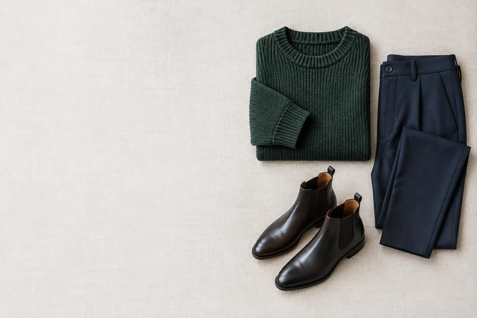Concept outfit with a cedar knit, navy trousers and leather boots